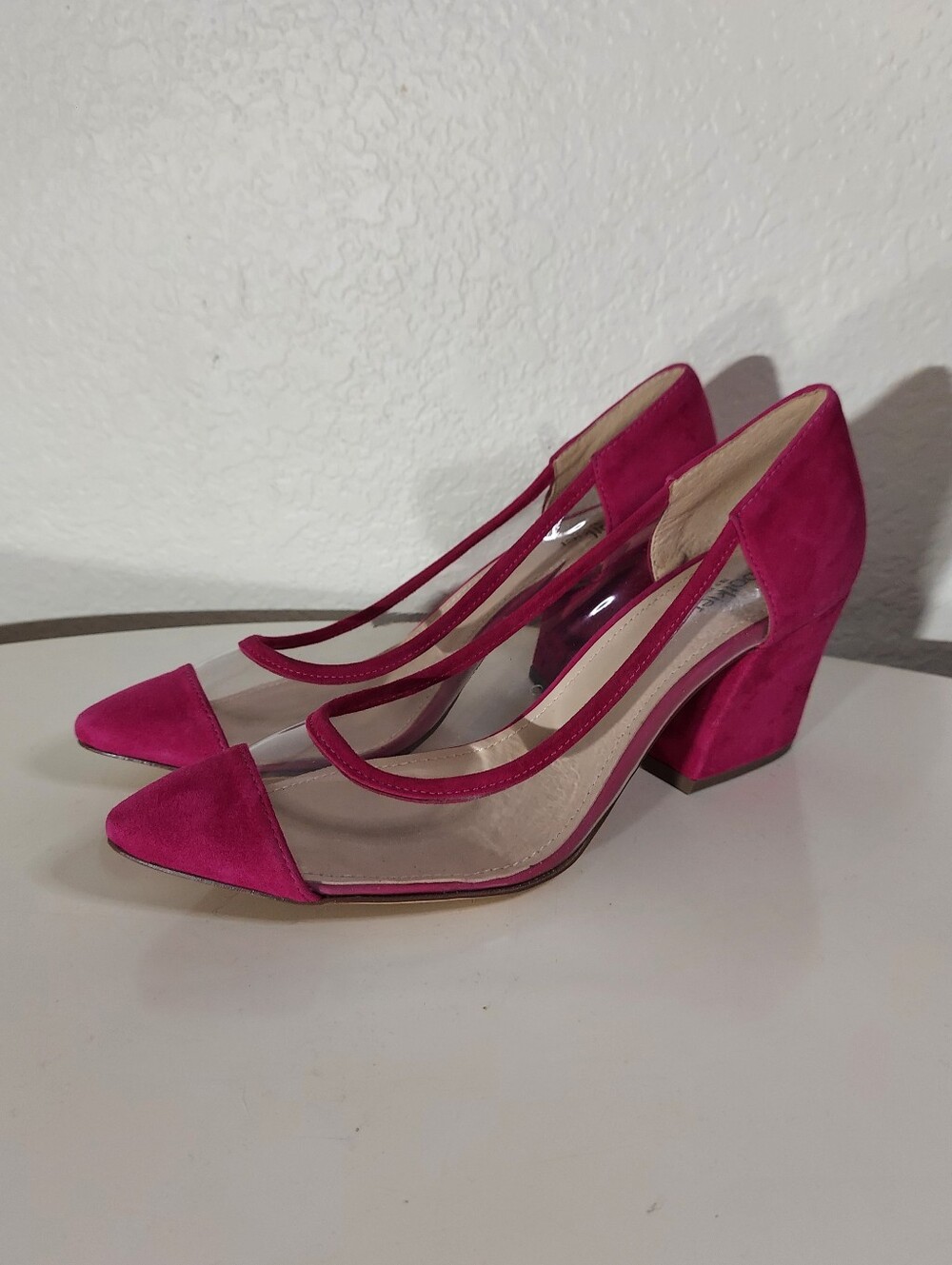 Botkier New York Sadie Magenta Suede Clear PVC Block Heel Pumps WM Sz 8.5 M NWOT